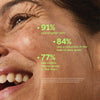 close-up of smiling woman and clinical results about rapid dark spot correcting serum
