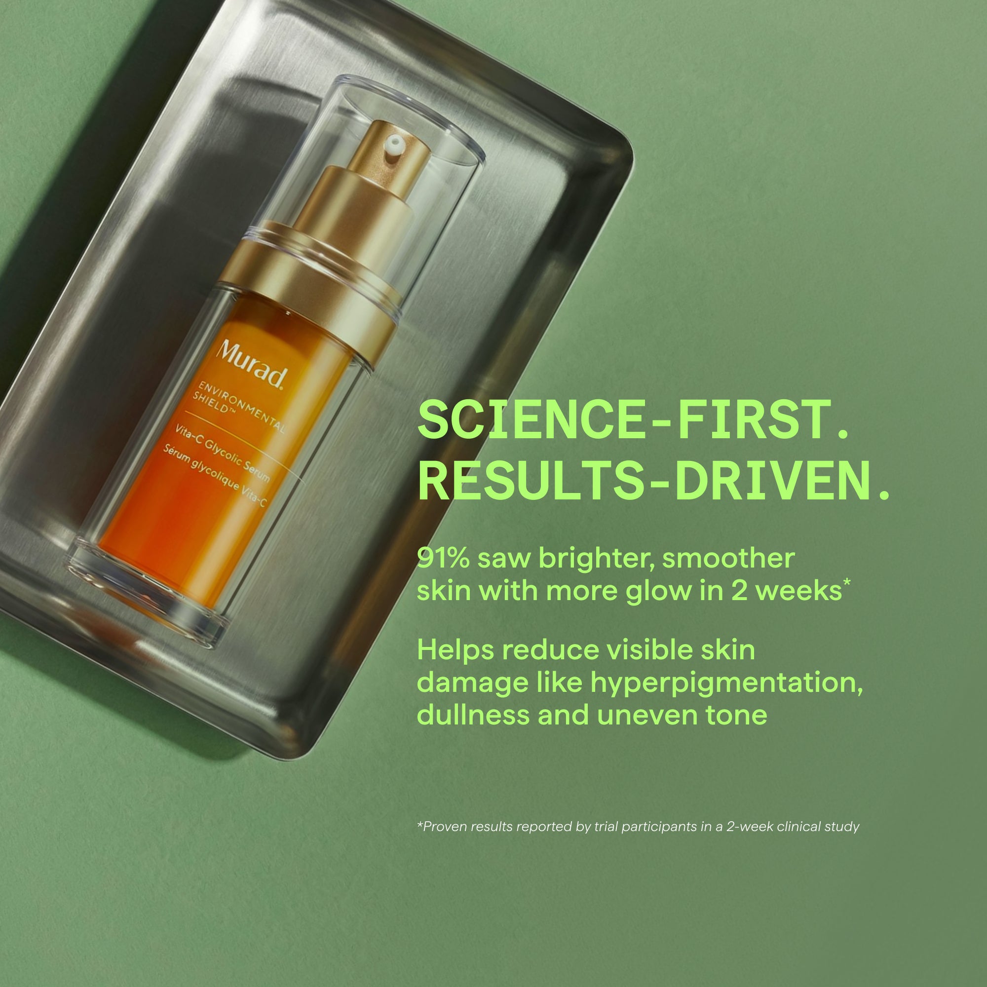 Murad Vitamin-C Serum Skincare bottle with promotional text on a green background