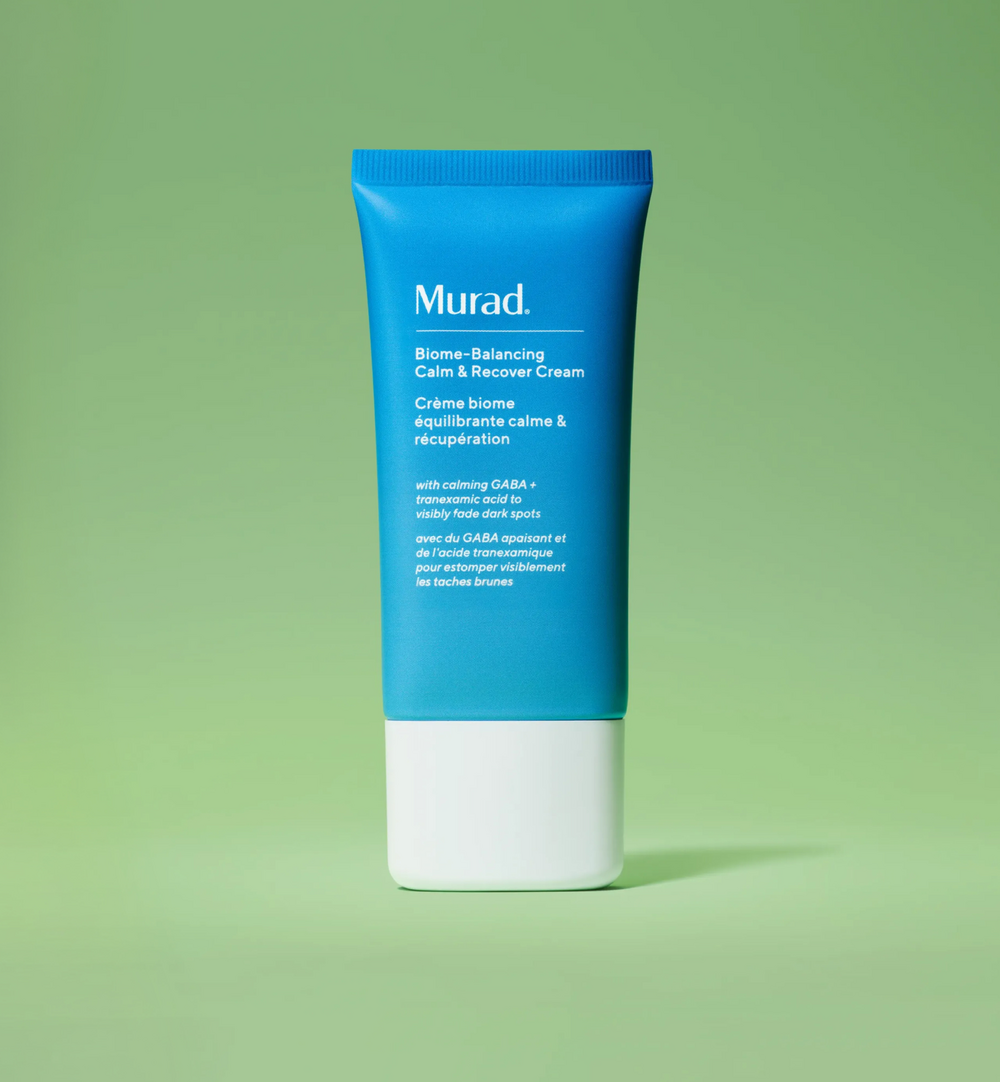 Murad Biome-Balancing Calm & Recover Cream moisturiser for hormonal breakouts and perimenopause skin on green brakground