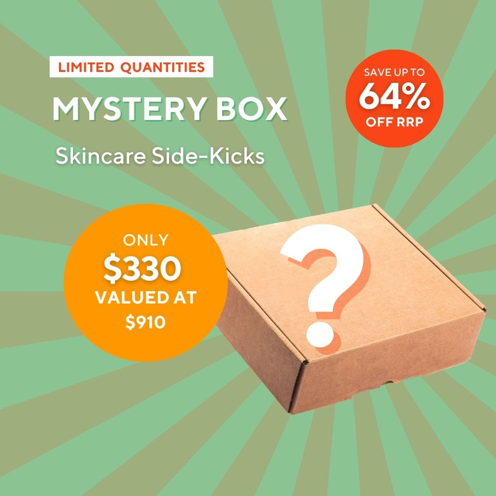 Promotional image of a mystery bag with skincare products, limited quantities, and savings on a green background.