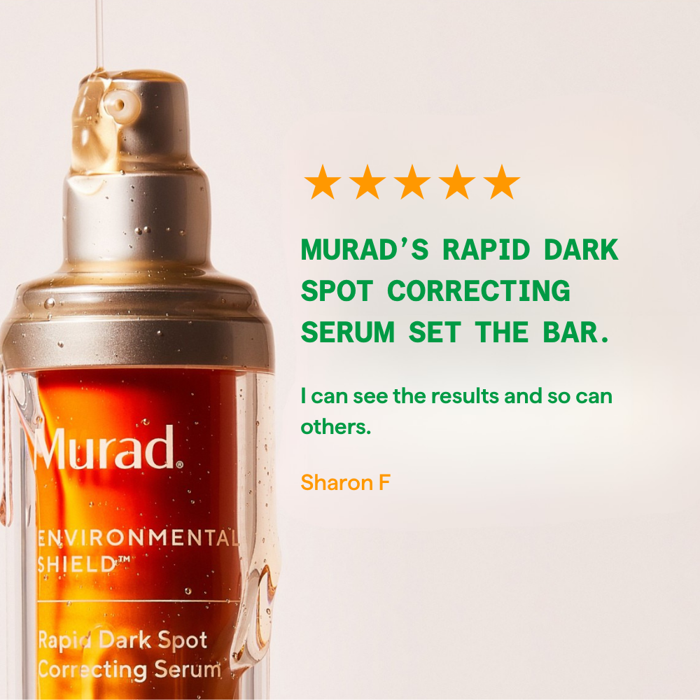 Murad Rapid Dark Spot Correcting Serum bottle with 5* customer review saying I can see the results and others can too